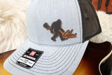 gray hat with brown Sasquatch leatherette patch with Dylan logo