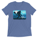 light blue t-shirt with Sasquatch holding a guitar