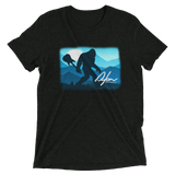 heather t-shirt with Sasquatch holding a guitar