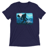 Blue  t-shirt with Sasquatch holding a guitar
