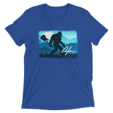 royal blue heather t-shirt with Sasquatch holding a guitar